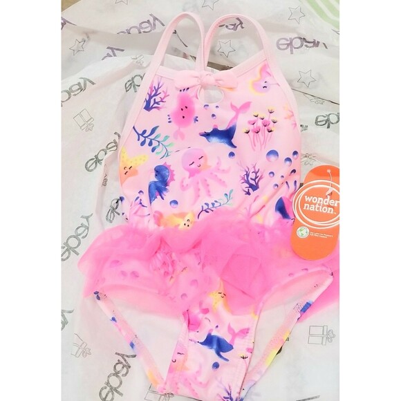 Wonder Nation Infant Swim Suit Size 18 Months Soft Pink One Piece, Sea Animals - Picture 1 of 3